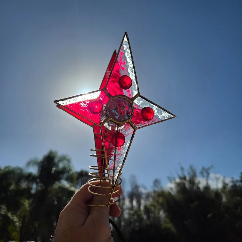 Vintage Tiffany Style‎ Stained Glass Christmas Tree Topper Lighted Red Gold